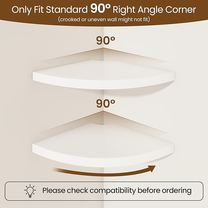 Fun Memories Corner Shelf Wall Mount, Solid Oak Wood Floating Corner Shelves with Cable Hole, 7in Rustic Design for Bedroom, Bathroom, Kitchen, Living Room (White, 1 Pack)