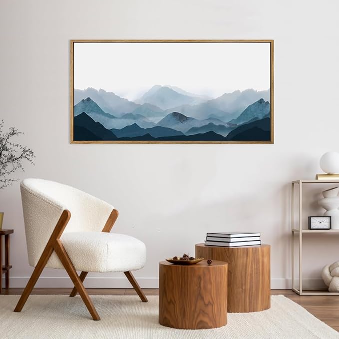 Blue Framed Mountain Landscape Wall Art Fog Mountain Painting Wall Decor Minimalist Blue Artwork Blue Mountains Wall Paintings Simple Landscape Wall Pictures for Bedroom Living Room Office Home Decor 20x40 Inch