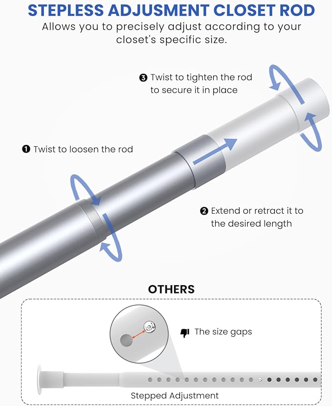 Closet Rods for Hanging Clothes, 17 to 28 Inches Stepless Adjustable Metal Closet Rod, 1.3 Inches Heavy Duty Clothes Hanging Rod for Closet Wardrobes Laundry RV, Silver
