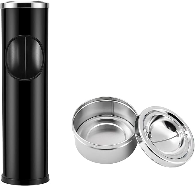 Anfrere Standing Ashtray Outdoor for Patio, Large & Tall Outside Ash Tray for Cigarette Butt Receptacle Disposal, Commercial Metal Smokers Cigar Ash Tray Container with Lid and Trash Can, D01BK