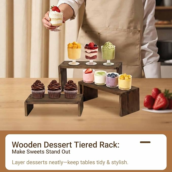 3-Tier Wood Display Risers – Versatile Food Display Risers for Party, Desktop Organizer for Home, Office & Kitchen, Multi-Purpose Wooden Shelf for Plants, Collectibles(9.5/8.5/7.5 in)