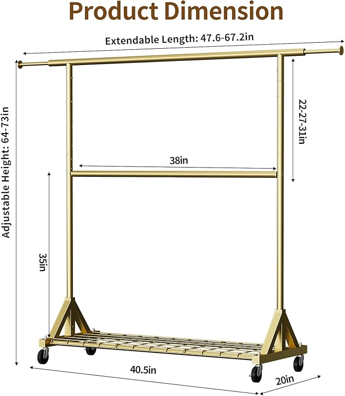 Luxspire Heavy Duty Clothes Rack Load 600 LBS, Double Rod Clothing Rack, Rolling Garment Racks with Lockable Wheels, Shelves, Adjustable Laundry Hanging Racks for Clothes, Gold