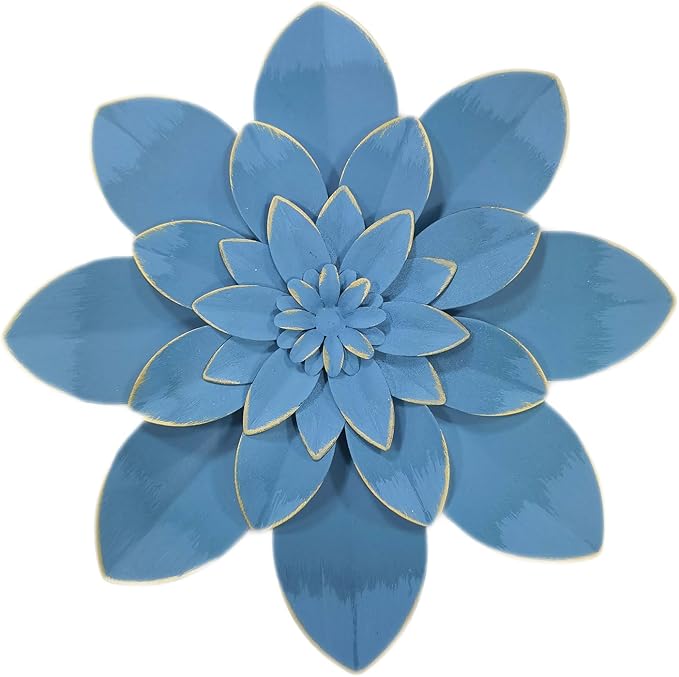 Ocean Blue Metal Flower Wall Art Decor, 9.5" Rustic Modern Floral Sculpture, Distressed Hanging Home Decoration Accent Artworks for Indoor Bedroom Living Room Office Outdoor Garden Patio