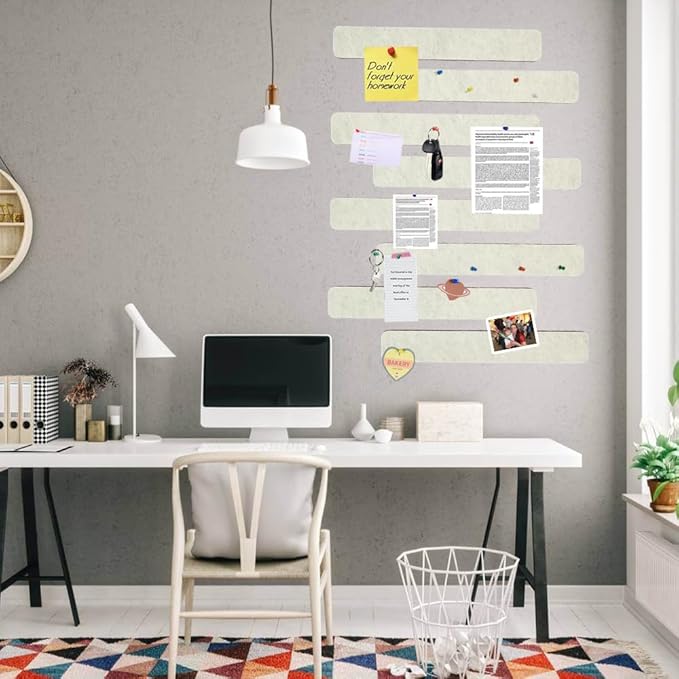 Vuzvuv 8 pcs Bulletin Board Bar Strips with 50 Pushpins & 10 Wooden Clip pins，Self Adhesive Cork Board for Wall，Felt Pin Board for School，Office Decor(Cream White)
