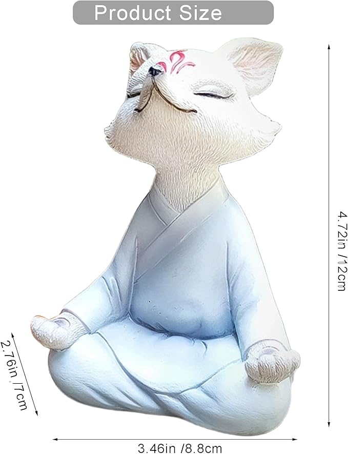 ‌Serene Zen Resin Buddha White Fox Statue - Zen Yoga Figurine & Meditation Sculpture for Office Desk, Bookshelf, Home Decor & Garden. Feng Shui Statue for Women, Plants & Yoga Lovers.