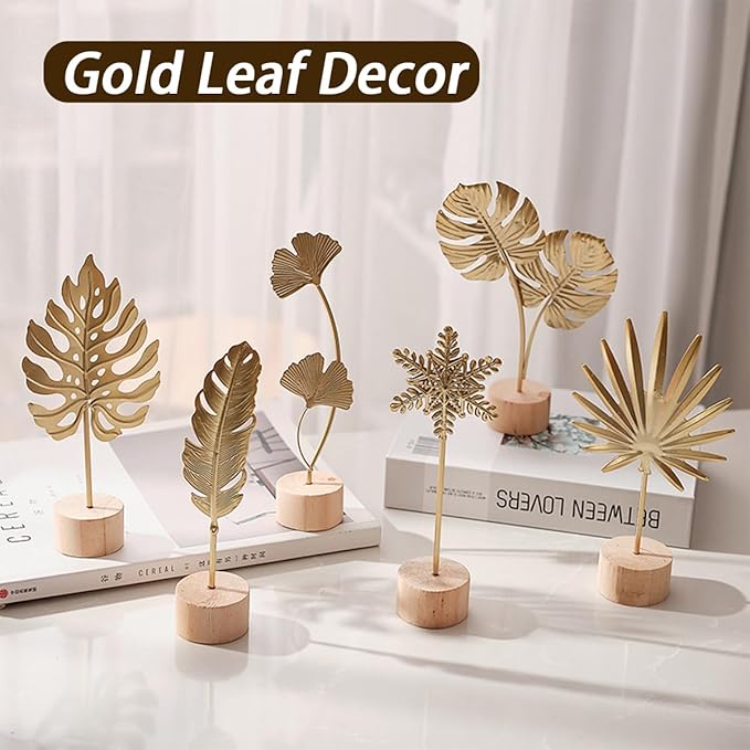 Gold Leaf Home Decor Set - Metal Leaves Statues, Modern Artistic Sculptures for Living Room, Office, Shelf & Home Decorative, Handmade 3D Botanical Accents (Sunshine, Feather, Ginkgo, 3PCS)
