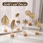 Gold Leaf Home Decor Set - Metal Leaves Statues, Modern Artistic Sculptures for Living Room, Office, Shelf & Home Decorative, Handmade 3D Botanical Accents (Monstera, Ginkgo, Snowflake, 3PCS)