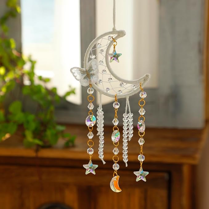 Artilady Dream Catcher for Girls - White Butterfly Small Moon Dream Catchers with Crystals Cute Room Decor for Teen Girls Boys Boho Bedroom Wall Home Decorations Birthday Christmas Women Gifts