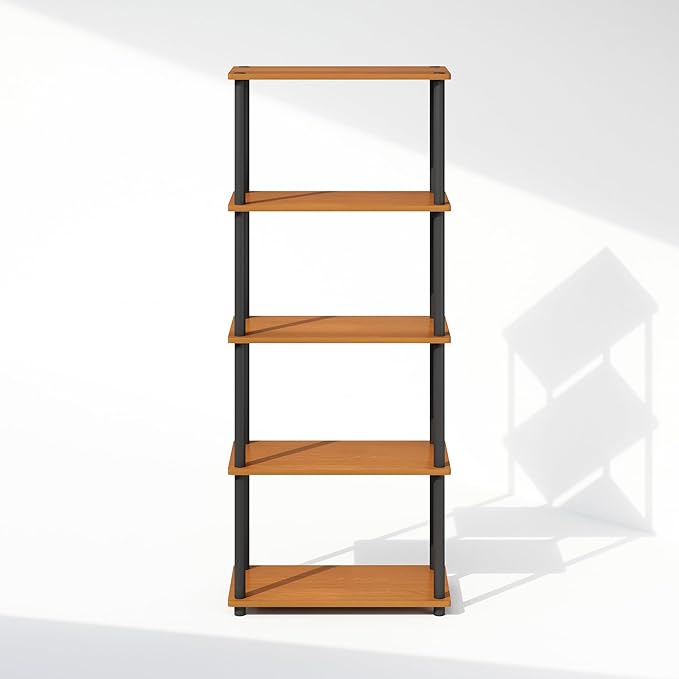 Furinno Turn-N-Tube Book Shelf, 5-Tier Bookshelf, Bookcase with Multipurpose Compact Display Rack, 11.6 x 23.6 x 57.4, for Living Room, Bedroom, Home Office, Light Cherry/Black