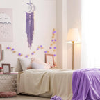 Boho Macrame Woven Wall Hanging for Girl, Crochet Crescent Moon Star Dream Catcher with Light, Purple Cotton Handmade Bohemian Home Decor Decoration for Kids Nursery Bedroom Dorm Room