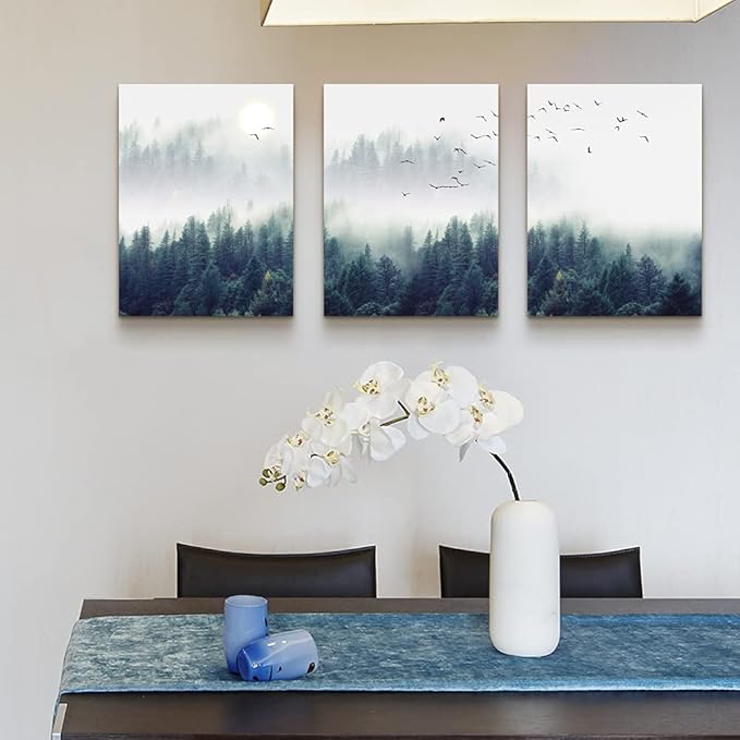 3 Piece Canvas Wall Art for Living Room Wall Decorations for Bedroom Office Wall decor Foggy forest Trees Landscape painting Stretched and Framed Ready to Hang pictures Home Decor 12"x16"x3 Panels