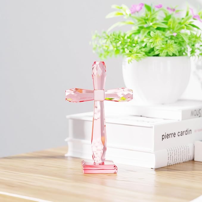 YWHL Handmade Crystal Standing Cross Decor, Religious Gifts for Women Men, Holy Cross for Easter Pary, Art Collectible Figurines for Home Table (Pink)
