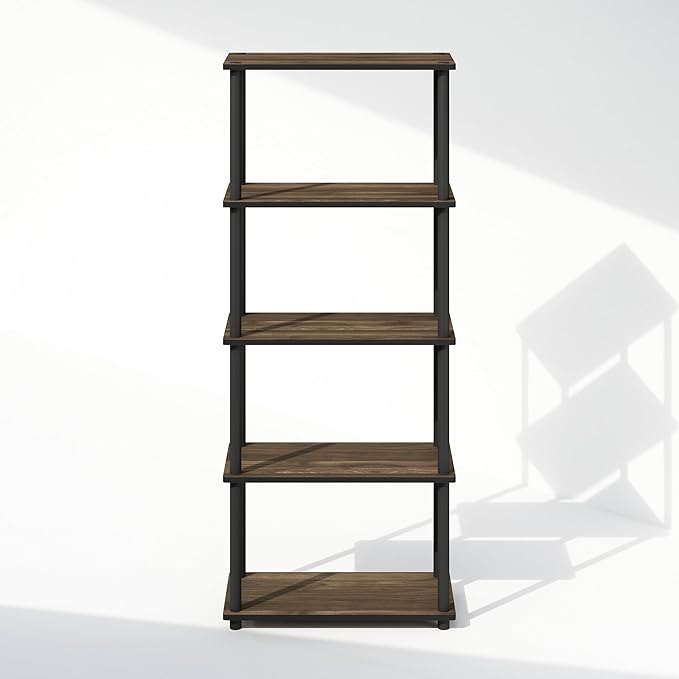 Furinno Turn-N-Tube Book Shelf, 5-Tier Bookshelf, Bookcase with Multipurpose Compact Display Rack, 11.6 x 23.6 x 57.4, for Living Room, Bedroom, Home Office, Columbia Walnut/Black
