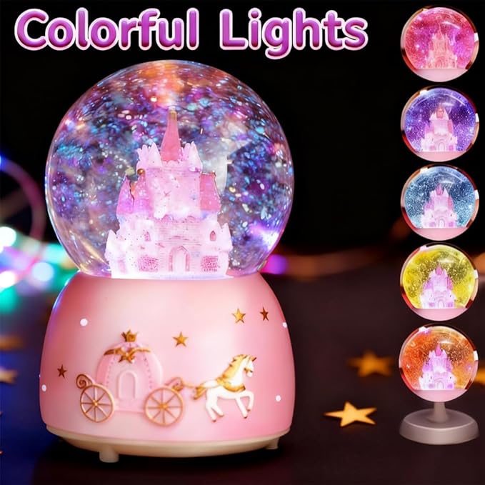 Snow Globe, Castle Musical Snow Globes with Crystal Ball & Colorful LED Lights, Snow Fall Fairy Tale Carriage Castle Snow Globes, Christmas Birthday Gifts for Women, Girls, Kids, Home Room Decor