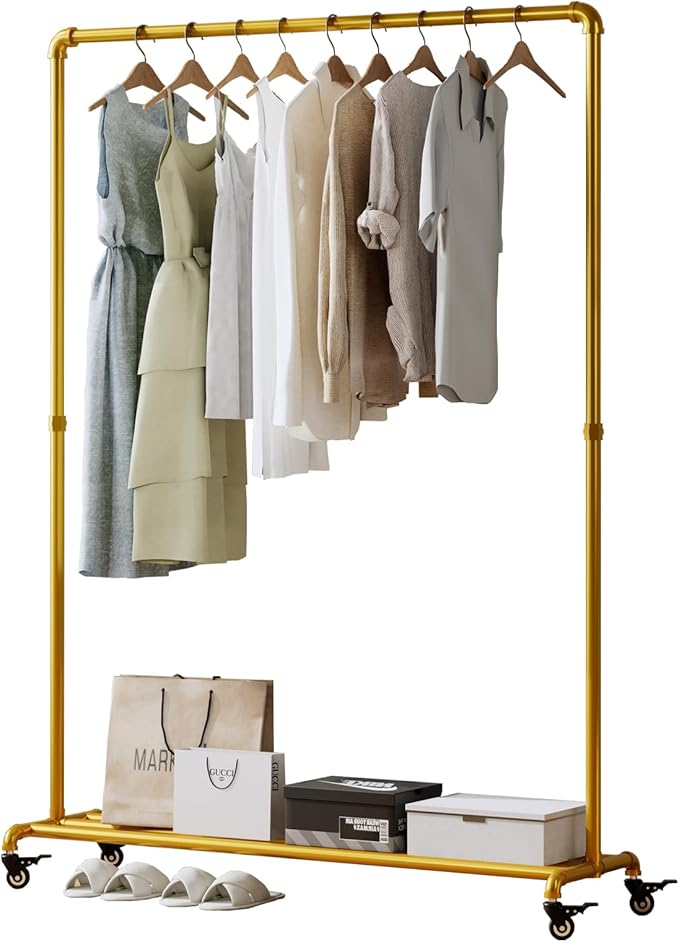 Gold pipe clothing rack with Bottom Shelf,rolling clothes rack heavy duty,garment racks for hanging clothes,Hanging Rack Closet Organizer for Bedroom,Retail (gold)
