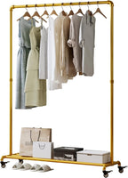 Gold pipe clothing rack with Bottom Shelf,rolling clothes rack heavy duty,garment racks for hanging clothes,Hanging Rack Closet Organizer for Bedroom,Retail (gold)