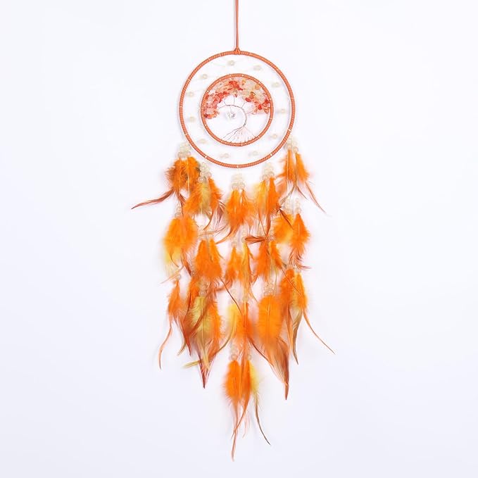 Pretty Jolly Orange Tree of Life Dream Catcher Wall Decor with Luminous Beads Handmade Crystal Stones Dreamcatchers Wall Hanging with Small Butterfly Pendant for Bedroom Wedding Party Wish Gift