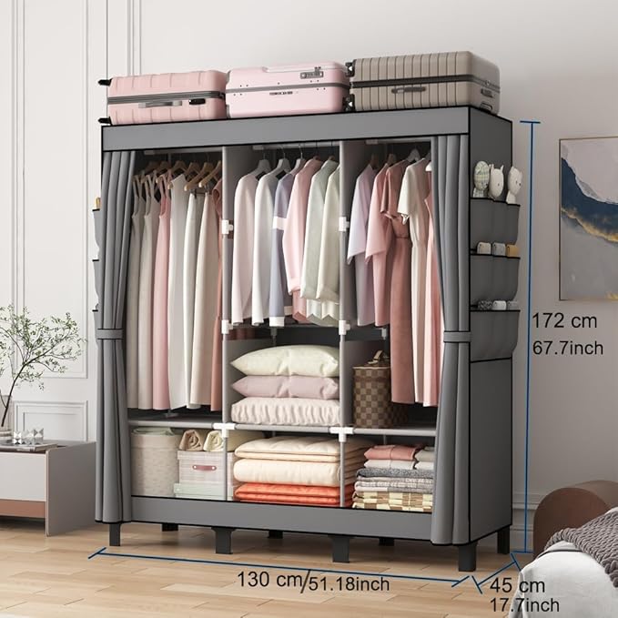 Portable Closet, 51.18" Large Capacity Clothing Storage Organizer with 3 Hanging Rods 6 Shelves 18 Side Pockets, Dustproof Sturdy Wardrobe for Bedroom Dorm Rental Apartment (Grey, Large)