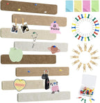 Vuzvuv 8 pcs Bulletin Board Bar Strips with 50 Pushpins & 10 Wooden Clip pins，Self Adhesive Cork Board for Wall，Felt Pin Board for School，Office Decor(Multi-Brown)