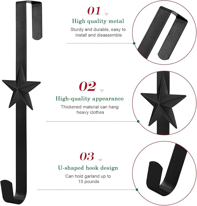 15 inches Christmas Decorative Wreath Hangers for Front Door;Over the Door Hooks (Black, Five-Pointed Star)
