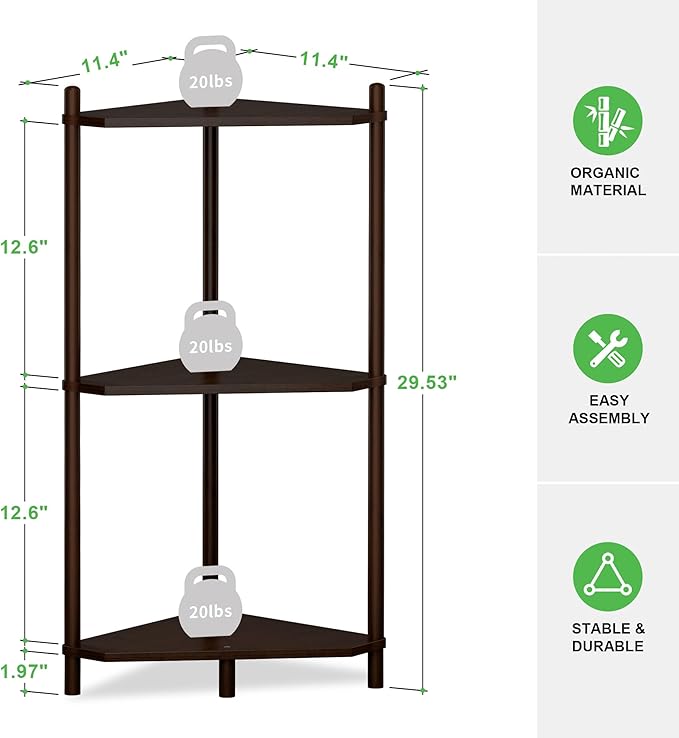 Wisuce Corner Shelf Stand - 3 Tier Bamboo Small Corner Bookshelf, Brown (Color Issue Fixed), for Office Kitchen Bedroom Plant Stand Living Room Decor Small Space