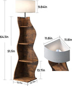 Evermagin 4 Tier Corner Shelf with Light, 64'' Tall Corner Bookshelf with Unique Shape, Stylish Wavy Bookcase Tower with Storage Organizer for Small Space, Living Room, Bedroom (Rustic Brown)