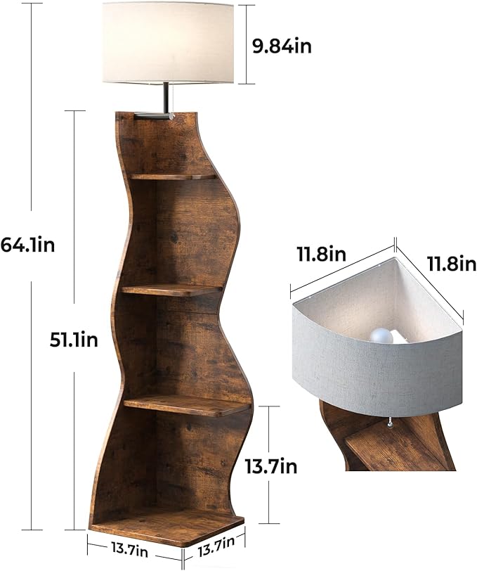 Evermagin 4 Tier Corner Shelf with Light, 64'' Tall Corner Bookshelf with Unique Shape, Stylish Wavy Bookcase Tower with Storage Organizer for Small Space, Living Room, Bedroom (Rustic Brown)