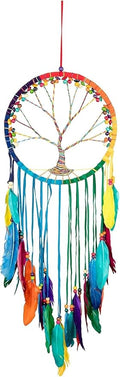 OMA Dream Catcher, Tree of Life Design with Feathers & Beads, White Suede Authentic Traditional Dream Catcher Boho Home Decor Bedroom Decoration Gift - Large Size - 36" Long (Rainbow Chakra)