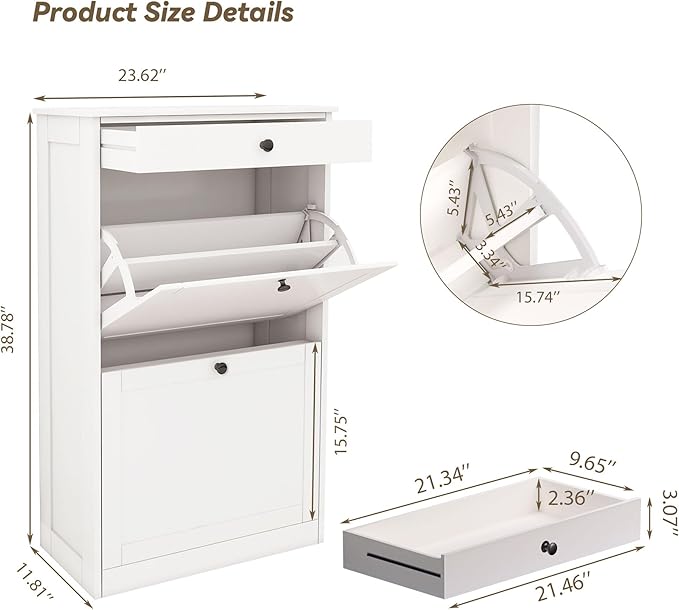 Shoe Cabinet with 2 Flip Drawers Set of 2, Small Wood Modern Shoe Organizer with Adjustable Shelf, Narrow Freestanding Hidden Shoe Cabinet Storage for Entryway, Hallway, Living Room, White