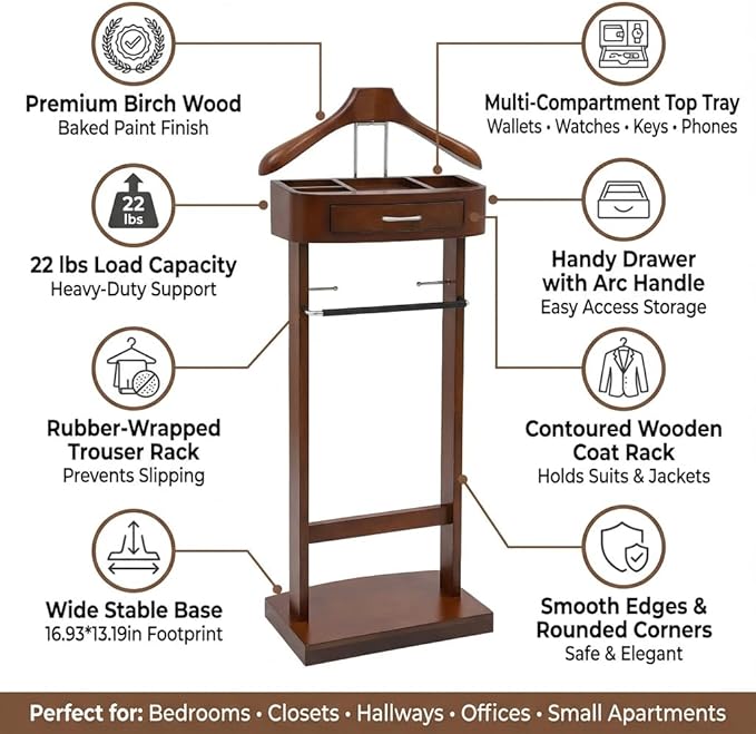 Valet Stand for Men and Women, Wood Suit Rack, Freestanding Coat Stand, Valet Stand Clothing Rack Organizer, Contour Hanger, Trouser Bar, Tie & Belt Hooks for Entryway, Bedroom, Office (Brown)