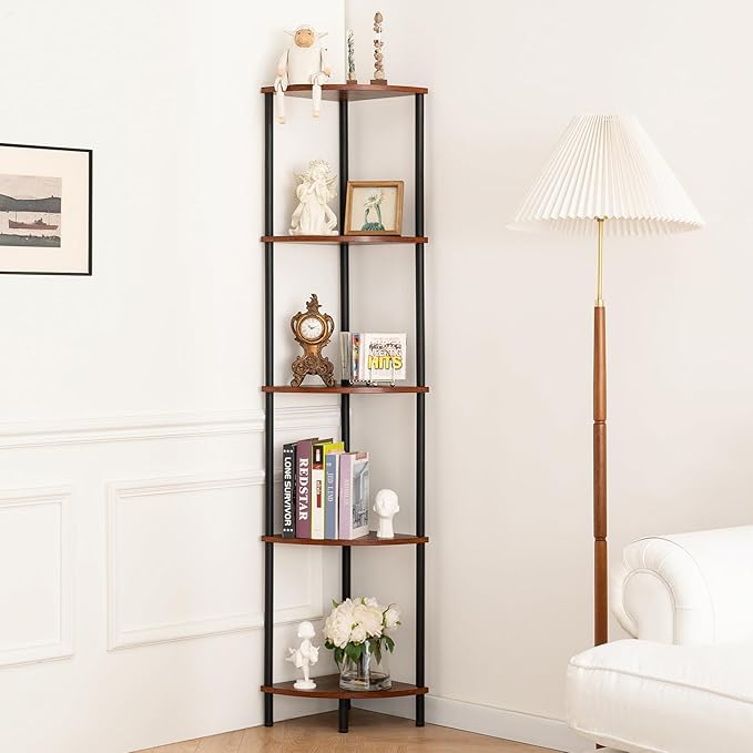 Yoobure Corner Shelf Stand, 5-Tier Bookshelf, 65" Tall Shelves for Bedroom, Living Room, Narrow Display Shelf Bookcase, Rustic Book Shelf with Display Shelves for Office