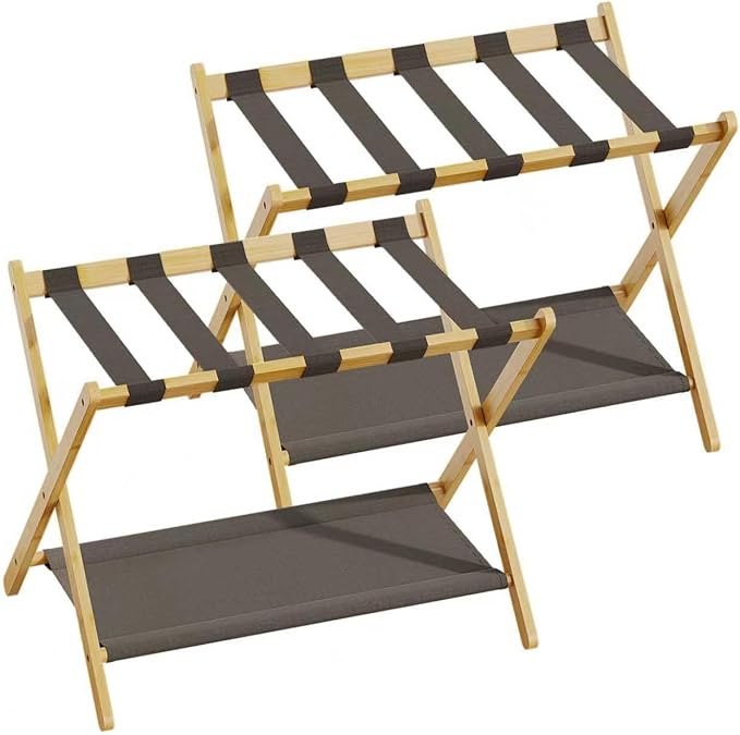 2 Pack Bamboo Luggage Rack for Guest Room, 26.77" Folding Wide Suitcase Stand with Fabric Storage Shelf, Thickened Luggage Stand Holder for Bedroom Hotel, Luggage Rack for Suitcases (2 Pack - Natural)