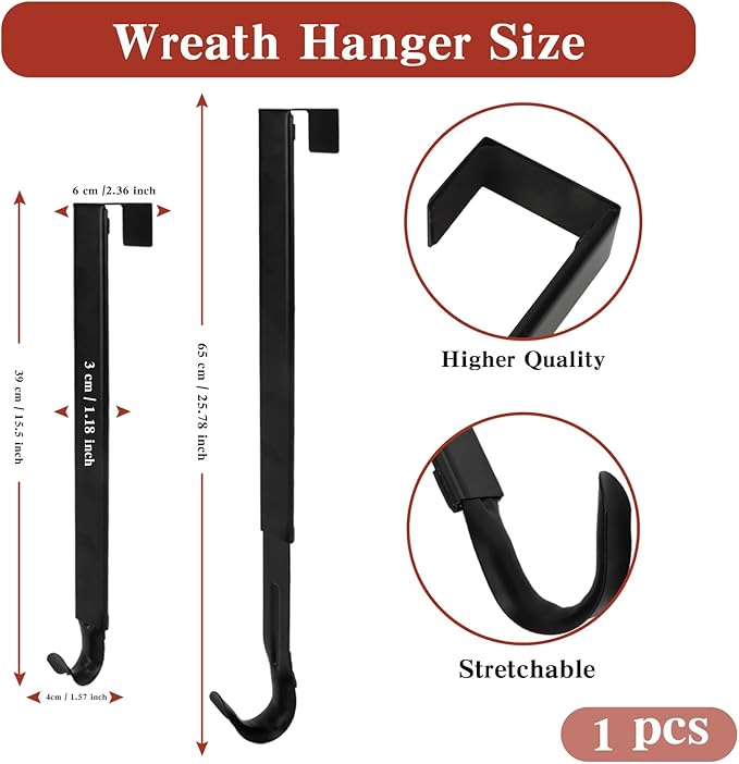Wreath Door Hanger, Black Wreath Hanger for Front Door, Adjustable Wreath Hanger from 15 to 25 Inches Wreath Hangers, Metal Doors Wreath Hangers for Christmas, Spring, Easter Decorations Wreaths