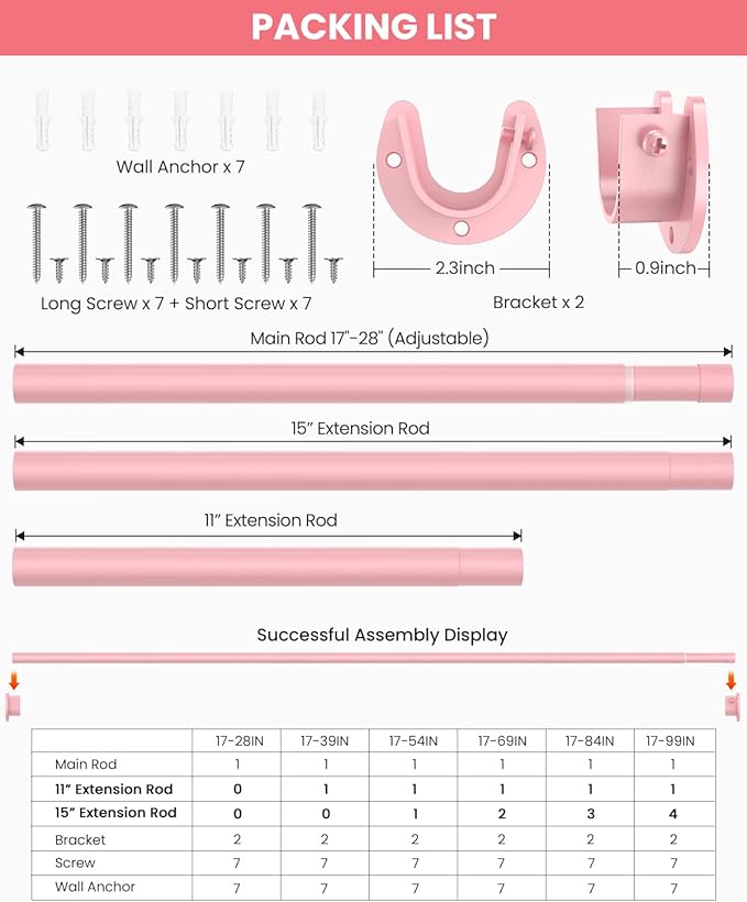 Closet Rods for Hanging Clothes, 17 to 99 Inches Stepless Adjustable Metal Closet Rod, 1.3 Inches Heavy Duty Clothes Hanging Rod for Closet Wardrobes Laundry RV, Pink