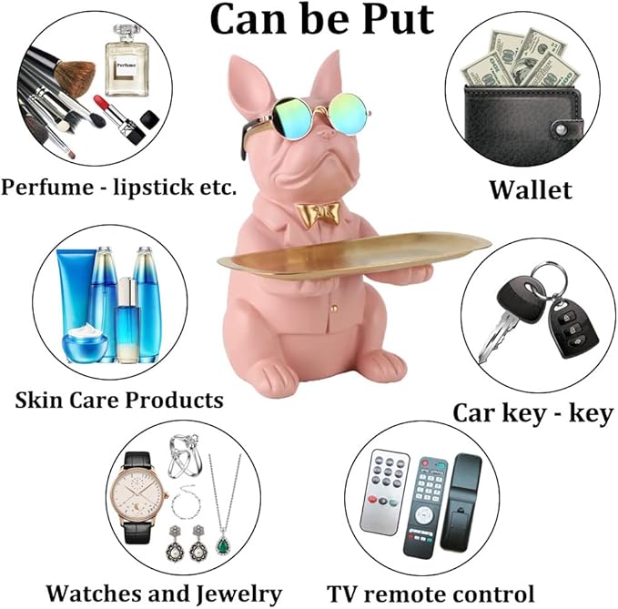 French Bulldog Gifts Statue Tray Organizer for Keys, Candy, Jewelry, Earrings, Entrance Piggy Bank - Modern Decor Pink Resin French Bulldog Decor Entryway Table, Coffee Table, Office Desk, Home Decor