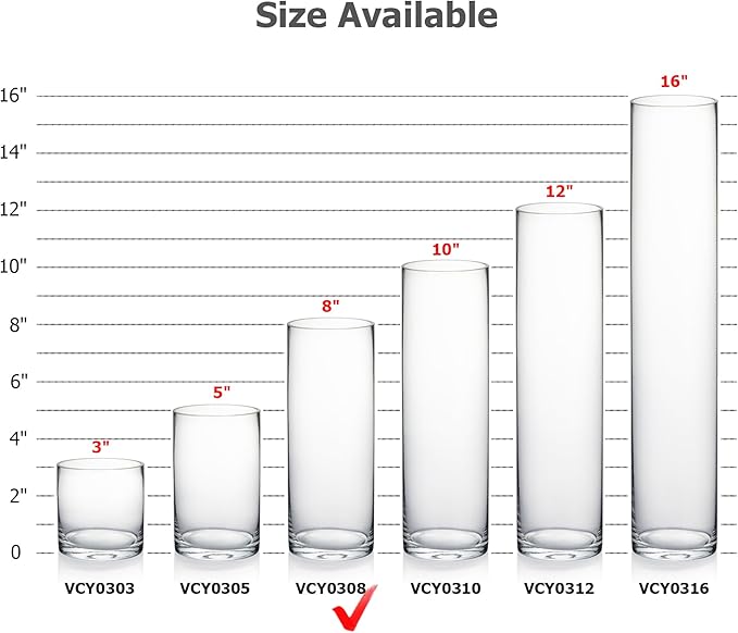 WGVI Quality Thick Clear Cylinder Glass Vases, 3" W x 8" H, Bud Vase Skinny Narrow Floral Bouquet Flower Container for Wedding Centerpieces Tabletop Décor Brush Pen Holder, Bulk Wholesale, 12 Pieces