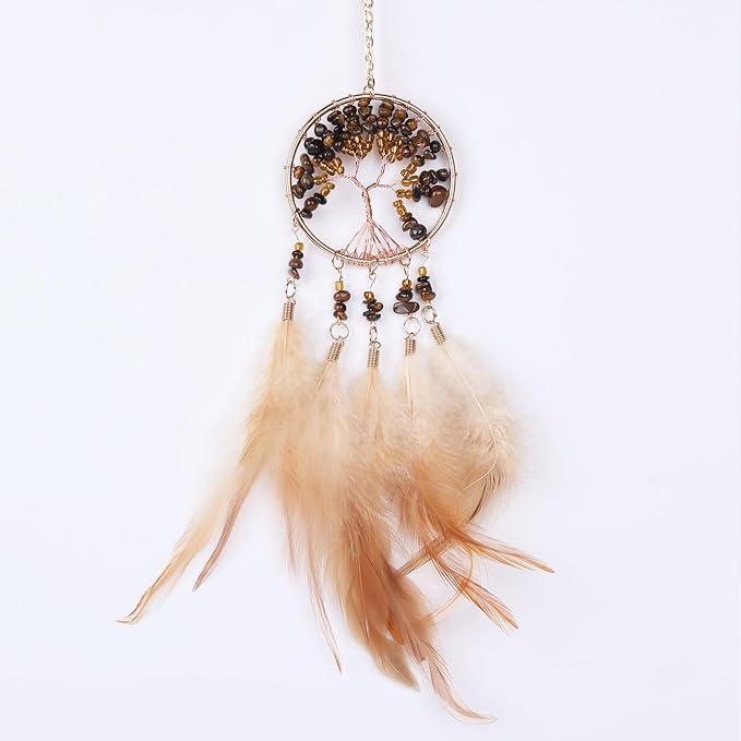 Pretty Jolly Small Tree of Life Crystal Stone Dream Catchers Brown Feathers Mini Dreamcatchers for Cars Rear View Mirror Hanging Decoration Good Luck Travel Charm Bedroom Ornaments for Women Girls