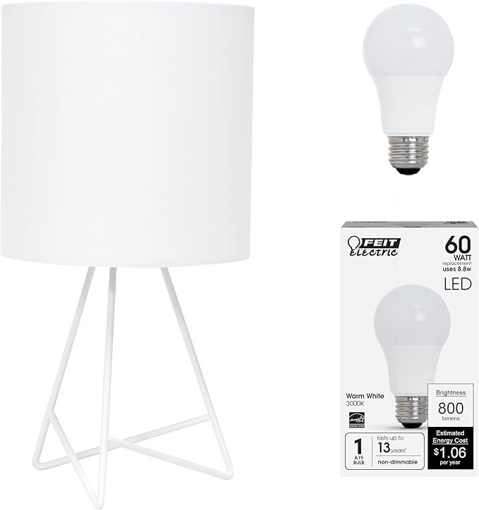 Simple Designs LT2066-WOW-LB 14" Down to The Wire Table Lamp for Bedroom, Living Room, Entryway, Office, White with White Shade, with Feit LED Bulb Included