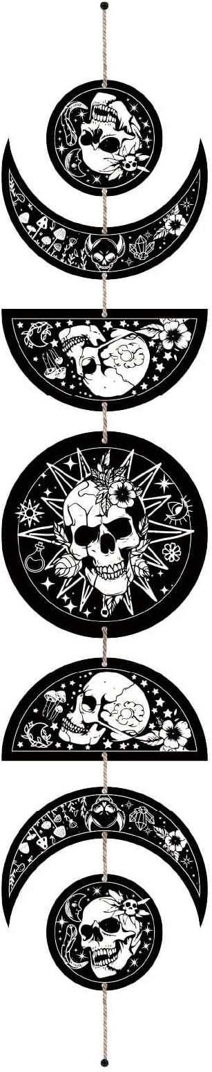 CREATCABIN 7Pcs Skulls Moon Phase Hanging Moon Cycle Wall Hanging Wooden Half Round Moon Ornament Ramadan Halloween Fall Home Decor Gifts for Bedroom Farmhouse Gallery Apartment Bar 37.1x6.3in