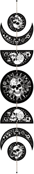 CREATCABIN 7Pcs Skulls Moon Phase Hanging Moon Cycle Wall Hanging Wooden Half Round Moon Ornament Ramadan Halloween Fall Home Decor Gifts for Bedroom Farmhouse Gallery Apartment Bar 37.1x6.3in