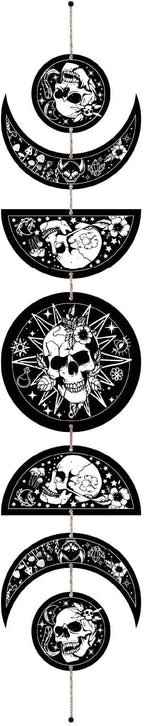 CREATCABIN 7Pcs Skulls Moon Phase Hanging Moon Cycle Wall Hanging Wooden Half Round Moon Ornament Ramadan Halloween Fall Home Decor Gifts for Bedroom Farmhouse Gallery Apartment Bar 37.1x6.3in
