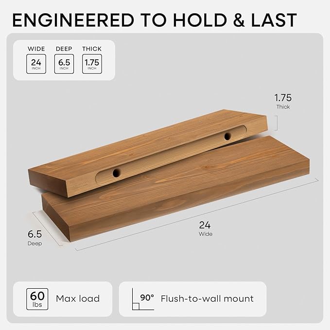 Homeforia 24 inch Golden Oak Floating Shelf, High End Solid Real Wood 24inch Small Floating Shelves for Wall Mounted, Oak Wooden 24in Floating Shelves, Heavy Duty Bracket, 24 X 6.5 X 1.75 in, Set of 3