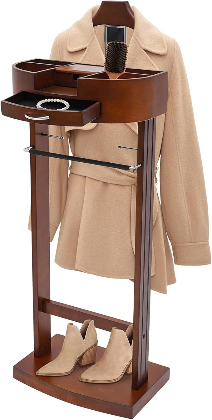 Suit Valet Stands for Women and Men Clothes Wood Valet Stand with Base Freestanding Clothing Organizer Valet Stand Contour Hanger Trouser Bar Belt Hooks for Office Living Room (Brown)