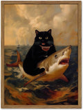 Funny Black Cat Wall Art Whimsical Cat Riding a Shark Wall Decor Picture Unique Animal Ocean Poster Canvas Painting Prints for Bedroom Living Room 16x24 inch Framed