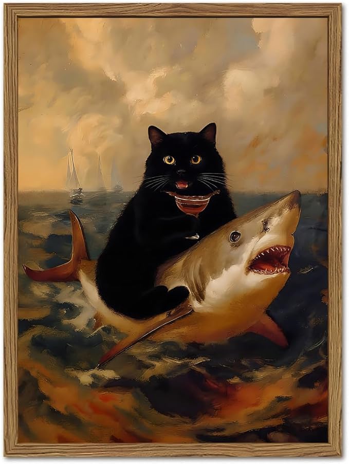 Funny Black Cat Wall Art Whimsical Cat Riding a Shark Wall Decor Picture Unique Animal Ocean Poster Canvas Painting Prints for Bedroom Living Room 12x16 inch Framed