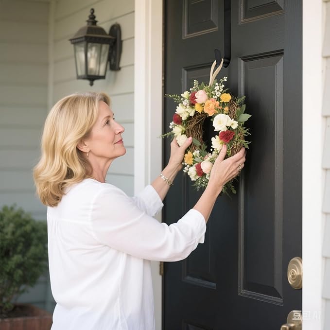Sattiyrch 15" Wreath Hanger for Front Door,Sturdy Steel Wreath Door Hanger,Over The Door Hanger Hook (Black,2)