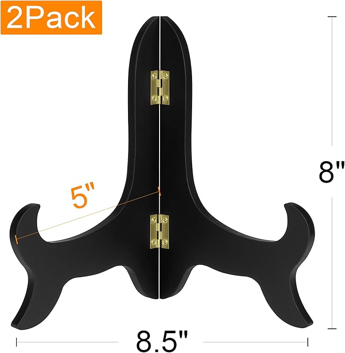 2 Pack 8 Inch Wooden Display Stand Plate Easels Holder (Black)