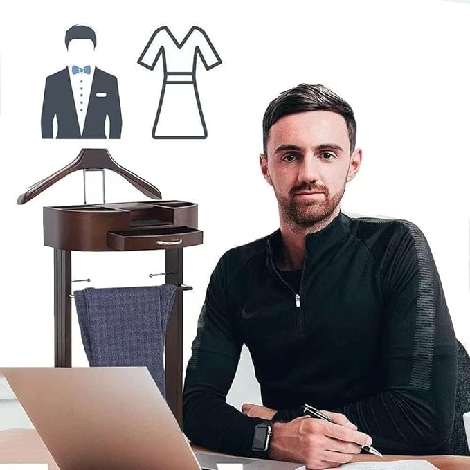 Suit Stands Butler Clothing Racks Wood Suit Valet Stand Clothes Rack with Base Floor Standing Suit Hanger Rack with Drawer, Top Tray,for Office Living Room Bed Room ﻿43X33.5X107CM(White)