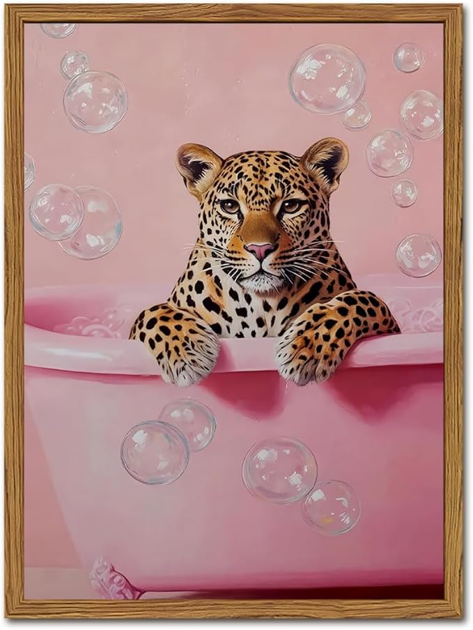 Funny Cheetah Bathroom Wall Art, Pink Leopard in Bathtub Wall Decor Paintings, Cute Animal Bathroom Poster Canvas Prints Maximalist Dopamine Girl Washroom Artwork 12x16 inch Framed
