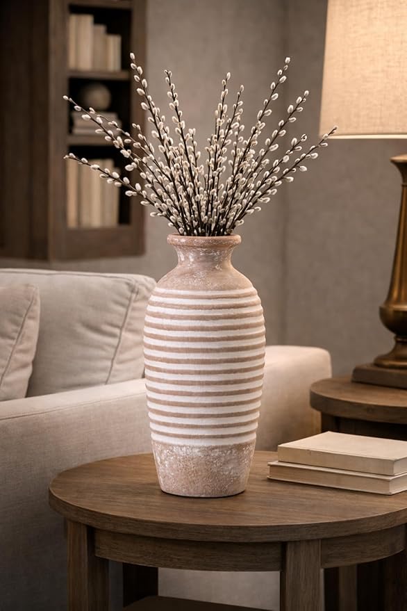 Emotionally Grounded Vase, Vaseking Large Ceramic Rustic Vase, 14.4 inch Minimalist Threaded Decorative Farmhouse Tall Vases for Home Decor, Living Room, Enterway, Table Decoration, Khaki